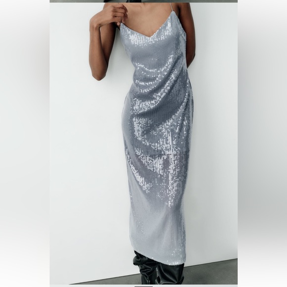 Zara Silver OMBRE Sequin Midi Dress Open Back spaghetti straps Slit size XS NWT - Picture 9 of 16